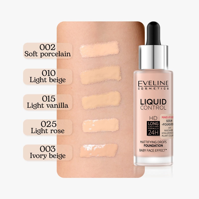 EVELINE COSMETICS LIQUID CONTROL SERUM FOUNDATION - 015 Light Vanilla - Cosmoshop - description
