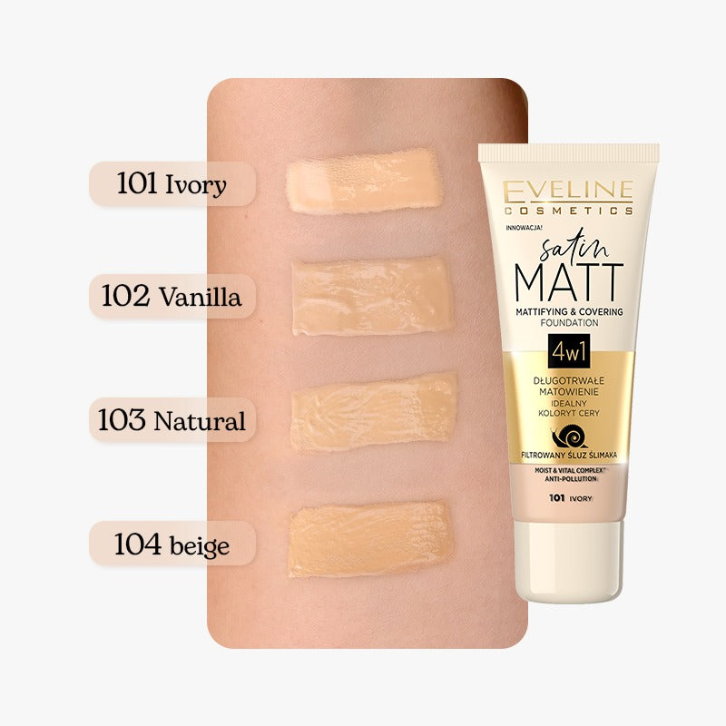 EVELINE COSMETICS SATIN MATT MATTIFYING & COVERING FOUNDATION 103 Natural - Cosmoshop - description