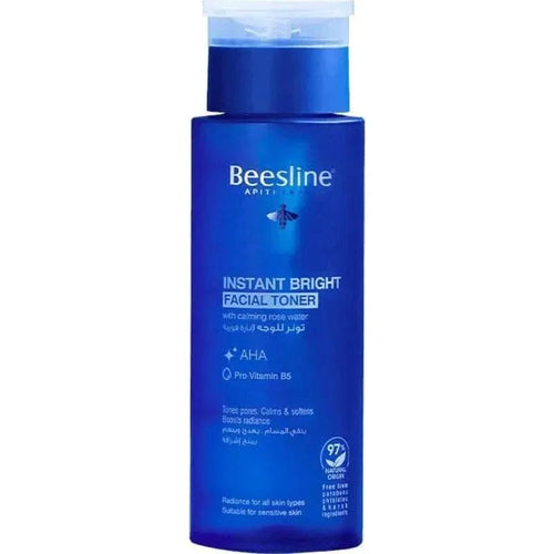 Beesline Instant Bright Facial Toner bottle with rose water ingredients;
Woman applying brightening toner to face for glowing skin