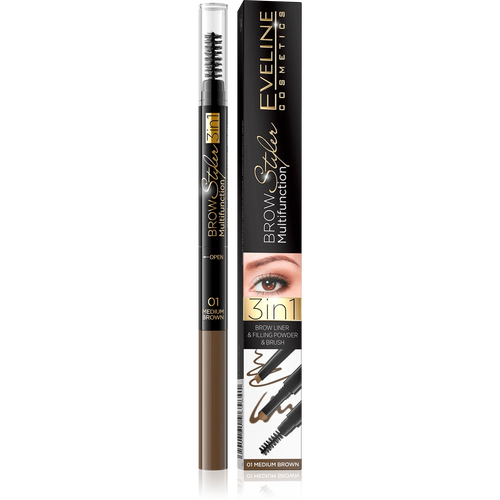 Eveline Cosmetics Brow Styler Multifunction 3 in 1 - Brow Liner - medium brown 01 - Cosmoshop - description