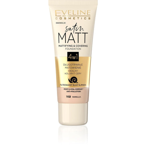 EVELINE COSMETICS SATIN MATT MATTIFYING & COVERING FOUNDATION 102 Vanilla - Cosmoshop - description